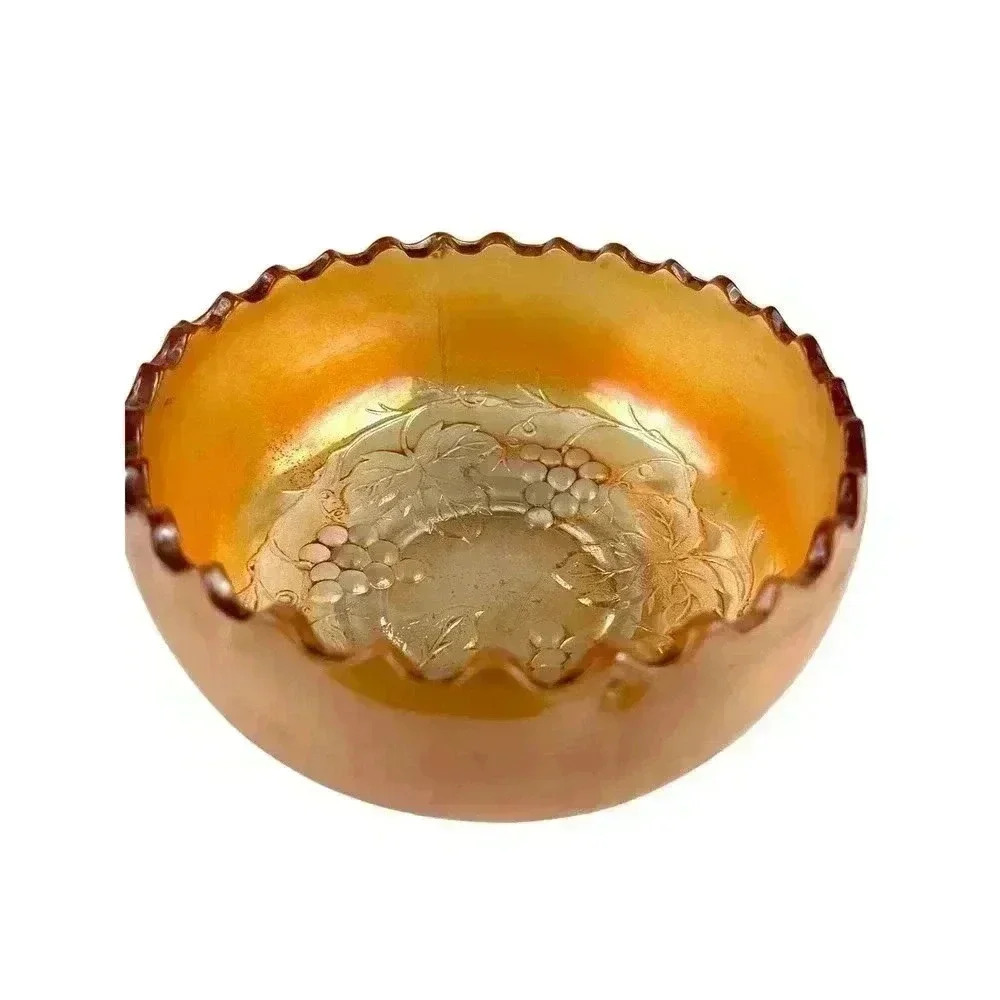 Antique Carnival Glass Golden Grape Rose Bowl 2.5" Tall - Picture 1 of 11